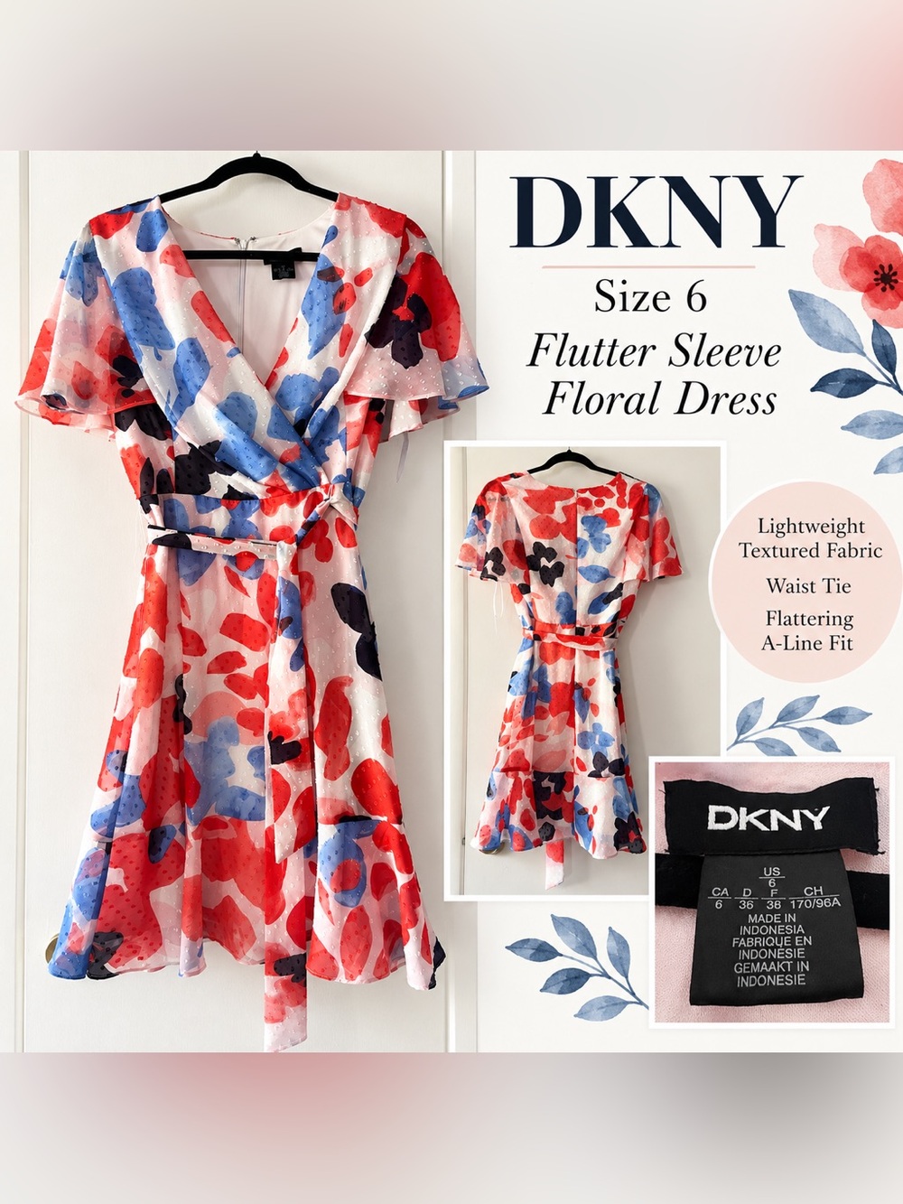 DKNY Floral Flutter Sleeve Wrap Dress Size 6